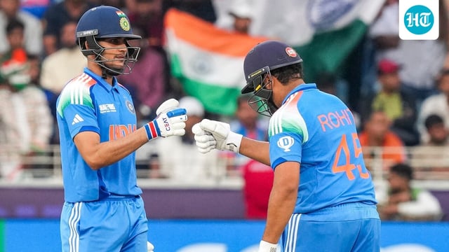 India's Shubman Gill, left, and Rohit Sharma during a ODI match of the Champions Trophy against Bangladesh, in Dubai, UAE