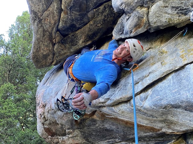 This photo courtesy of Dylan Miller shows Alaskan climber Balin Miller climbing the route "Croc’s Nose" at Crocodile Rock in Hyalite Canyon near Bozeman, Mont., Sept. 29, 2024. (Dylan Miller via AP)