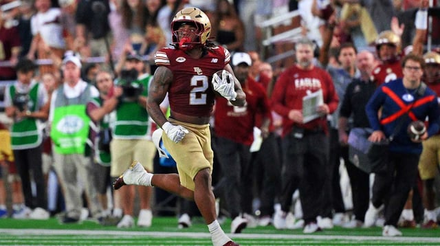 Sep 27, 2025; Chestnut Hill, Massachusetts, USA; Boston College Eagles running back Turbo Richard (2) runs the ball for a touchdown against the California Golden Bears during the second half at Alumni Stadium. Mandatory Credit: Eric Canha-Imagn Images