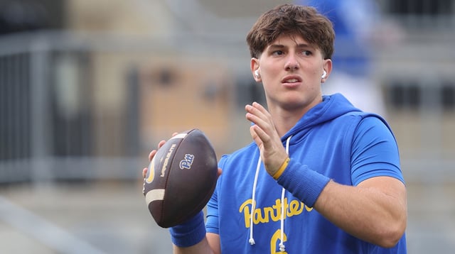 Aug 30, 2025; Pittsburgh, Pennsylvania, USA; Pittsburgh Panthers quarterback Mason Heintschel (6) warms up before the game against the Duquesne Dukes at Acrisure Stadium. Mandatory Credit: Charles LeClaire-USA TODAY Sports