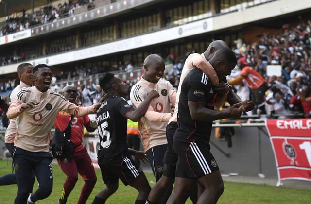 Mbekezeli Mbokazi of Orlando Pirates celebrates goal during the 2025 Carling Knockout Cup Last 16 match against Siwelele FC at Orlando Stadium in Soweto on Saturday. Photo: Sydney Mahlangu /BackpagePix