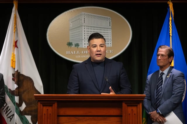 California Insurance Commissioner Ricardo Lara speaks during a joint news conference with L.A. County District Attorney Nathan Hochman announcing a rapid response initiative to combat and prosecute insurance fraud targeting wildfire survivors at the Hall of Justice in Los Angeles on Friday, Jan. 17, 2025. (Photo by Drew A. Kelley, Long Beach Press-Telegram/SCNG)