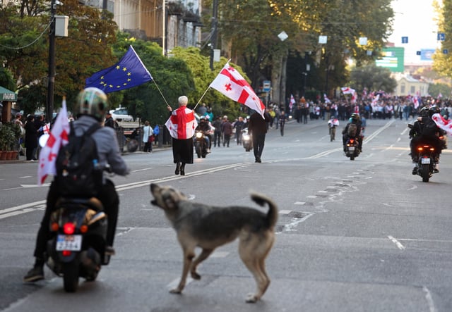 Opposition supporters attend a rally on the day of local elections in Tbilisi, Georgia October 4, 2025. REUTERS/Irakli Gedenidze