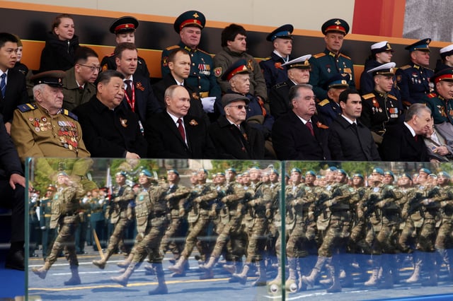 Spectators, including Russian President Vladimir Putin, Chinese President Xi Jinping, Tajik President Emomali Rahmon, Turkmen President Serdar Berdimuhamedov and Uzbek President Shavkat Mirziyoyev, attend a military parade on Victory Day, marking the 80th anniversary of the victory over Nazi Germany in World War Two, in Red Square in central Moscow, Russia, May 9, 2025. Sputnik/Vyacheslav Prokofyev/Pool via REUTERS
