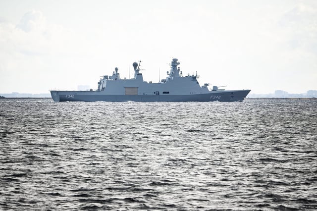 Danish frigate HDMS Esbern Snare patrols the water and the airspace at Copenhagen Airport on Sept. 30.
