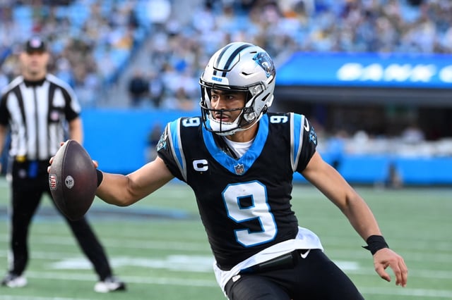 Dec 24, 2023; Charlotte, North Carolina, USA; Carolina Panthers quarterback Bryce Young (9) scrambles in the fourth quarter at Bank of America Stadium. Mandatory Credit: Bob Donnan-USA TODAY Sports