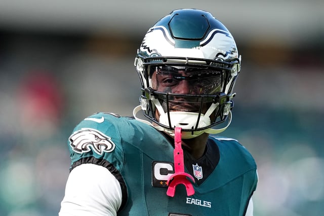 A.J. Brown #11 of the Philadelphia Eagles looks on during warm ups before a game against the Carolina Panthers at Lincoln Financial Field on December 08, 2024 in Philadelphia, Pennsylvania