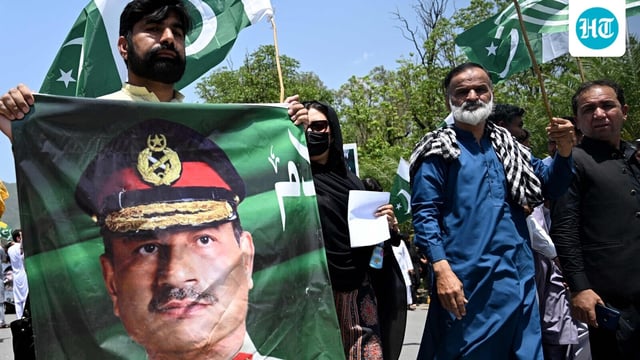 Pak Army chief Asim Munir, whose poster is held by a marcher here, was recently with PM Shehbaz Sharif in key meetings with US officials, including President Donald Trump.