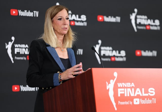 WNBA Commissioner Cathy Engelbert speaks to the media ahead of Game One of the 2025 WNBA Playoffs finals between the Las Vegas Aces and the Phoenix Mercury at Michelob ULTRA Arena on October 03, 2025 in Las Vegas, Nevada.