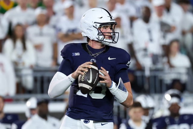 Drew Allar #15 of the Penn State Nittany Lions looks to pass the ball against the Oregon Ducks at Beaver Stadium on September 27, 2025 in State College, Pennsylvania.