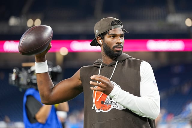 Shedeur Sanders #12 of the Cleveland Browns warms up before an NFL football game against the Detroit Lions at Ford Field on September 28, 2025 in Detroit, Michigan. (Photo by Todd Rosenberg/Getty Images)