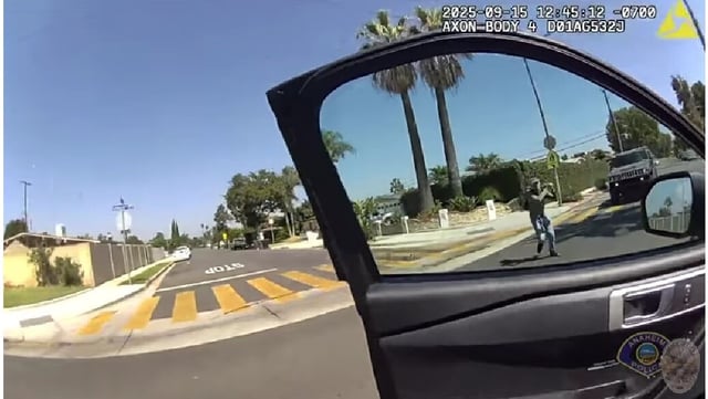Body-worn camera footage shows Rudy Anthony Martinez II, 36, striking an Anaheim police car with a broken shovel before charging at the officer, who then fatally shot him outside John Marshall Elementary School on Sept. 15 (Photo by Anaheim Police Department)