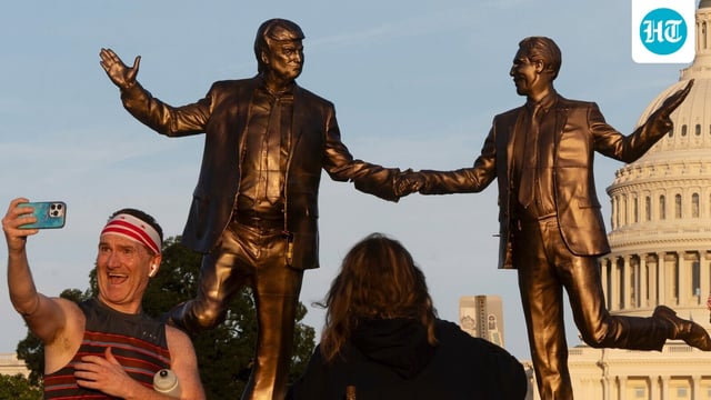 A statue depicting President Donald Trump and Jeffrey Epstein holding hands is back on display in front of US Capitol,