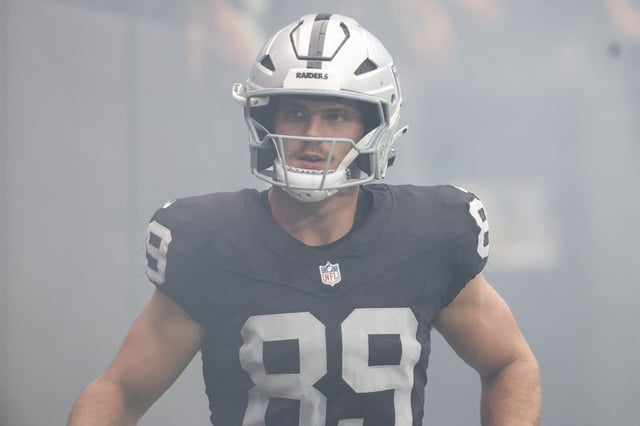 Brock Bowers #89 of the Las Vegas Raiders looks on prior to a NFL Preseason 2025 game against the San Francisco 49ers at Allegiant Stadium on August 16, 2025 in Las Vegas, Nevada.