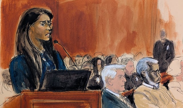 In this courtroom sketch, defense attorney Nicole Westmoreland makes her statement to the court as Sean Diddy Combs, right, looks on during his sentencing hearing in Manhattan federal court, Friday, Oct. 3, 2025, in New York. (Elizabeth Williams via AP)
