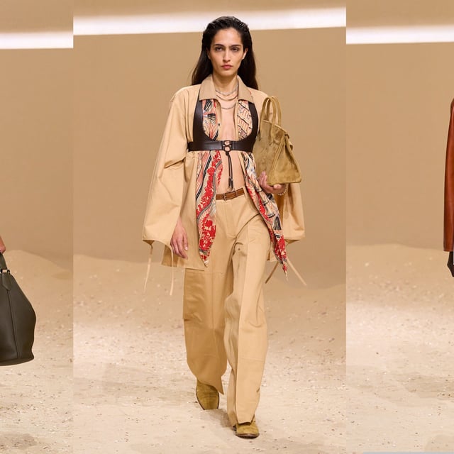 Three models walk the hermes spring 2026 runway show in paris.