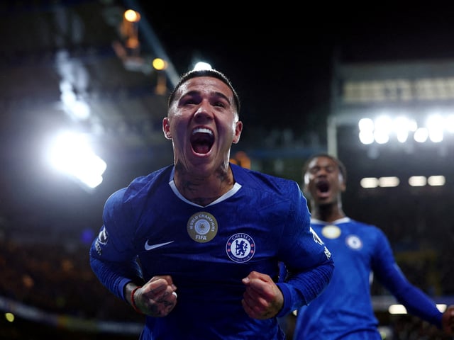 Soccer Football - Premier League - Chelsea v Liverpool - Stamford Bridge, London, Britain - October 4, 2025
Chelsea's Enzo Fernandez celebrates their second goal scored by Estevao Action Images via Reuters/Matthew Childs EDITORIAL USE ONLY. NO USE WITH UNAUTHORIZED AUDIO, VIDEO, DATA, FIXTURE LISTS, CLUB/LEAGUE LOGOS OR 'LIVE' SERVICES. ONLINE IN-MATCH USE LIMITED TO 120 IMAGES, NO VIDEO EMULATION. NO USE IN BETTING, GAMES OR SINGLE CLUB/LEAGUE/PLAYER PUBLICATIONS. PLEASE CONTACT YOUR ACCOUNT REPRESENTATIVE FOR FURTHER DETAILS..     TPX IMAGES OF THE DAY