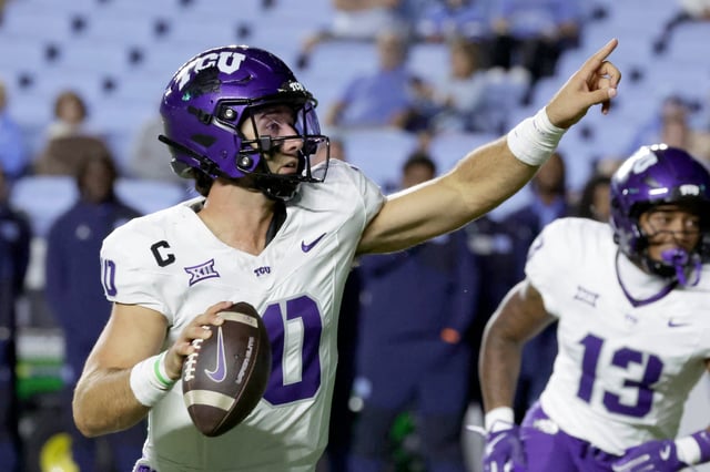 TCU quarterback Jacob Porter (19) looks to pass during the second half of an NCAA college football game against North Carolina, Monday, Sept. 1, 2025, in Chapel Hill, N.C. (AP Photo/Chris Seward)