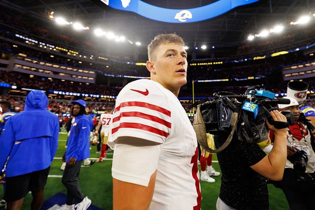 Mac Jones looks on after the 49ers’ win against the Rams at SoFi Stadium in Inglewood, Calif., on Oct. 2.