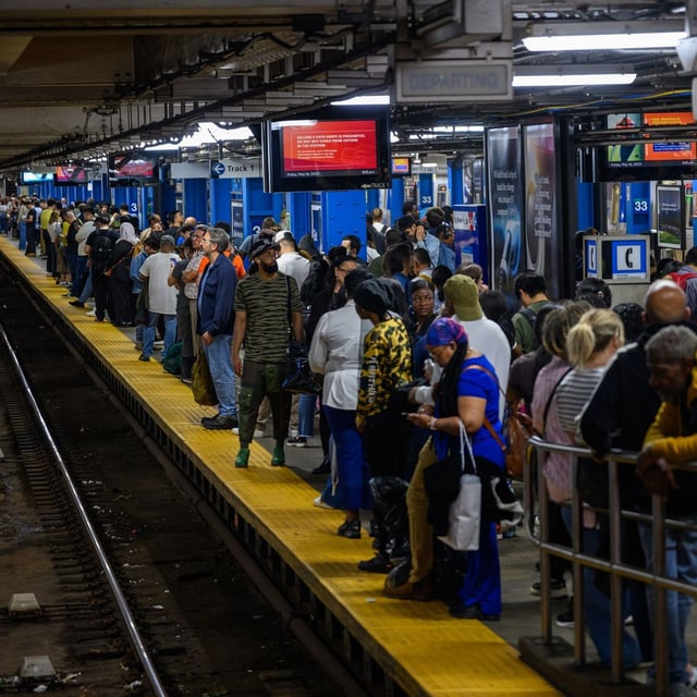 NEW YORK, NEW YORK - MAY 16: Commuters wait for the Journal Square Path Transit line train following heavy delays during rush hour at 33rd Street on May 16, 2025 in New York City. About 450 members of the Brotherhood of Locomotive Engineers and Trainmen walked off the job after talks with NJ Transit broke down over pay. The strike, NJ Transit's first in over 40 years, has disrupted travel for roughly 350,000 commuters across New Jersey and New York City, forcing many to find alternative routes or stay home altogether. (Photo by Alexi J. Rosenfeld/Getty Images)