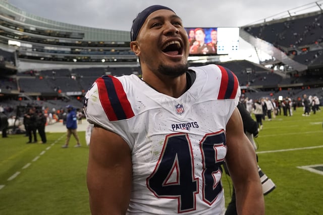 Nov 10, 2024; Chicago, Illinois, USA; New England Patriots linebacker Jahlani Tavai (48) celebrates the win against the Chicago Bears at Soldier Field. Mandatory Credit: David Banks-Imagn Images/File Photo