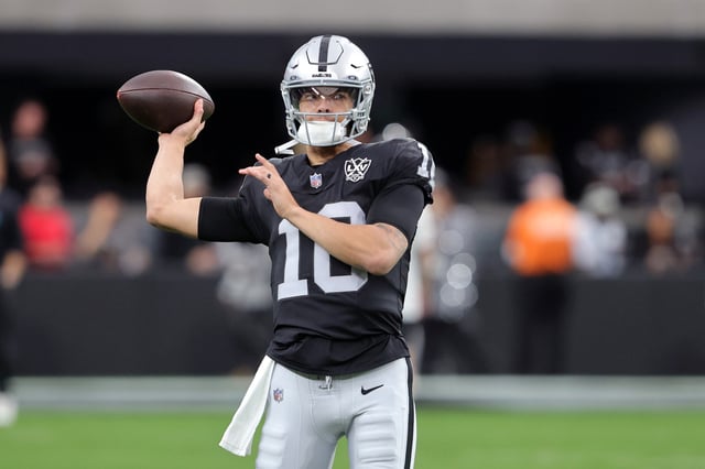 Quarterback Desmond Ridder of the Las Vegas Raiders. (Photo by Steve Marcus/Getty Images)