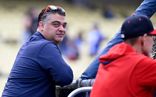 Angels general manager Perry Minasian looks on during batting practice prior to a game against the Dodgers on May 16, 2025, at Dodger Stadium. (Photo by Keith Birmingham, Orange County Register/ SCNG)