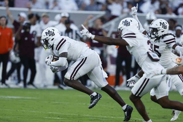 Zakari Tillman #7 of the Mississippi State Bulldogs intercepts a pass during the fourth quarter of a football game against the Tennessee Volunteers at Davis Wade Stadium on September 27, 2025 in Starkville, Mississippi.