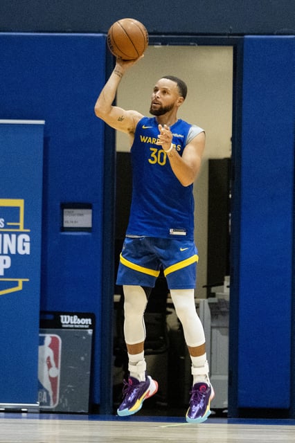 Golden State Warriors guard Stephen Curry shoots the ball during a media availability in San Francisco, Wednesday, Oct. 1, 2025.