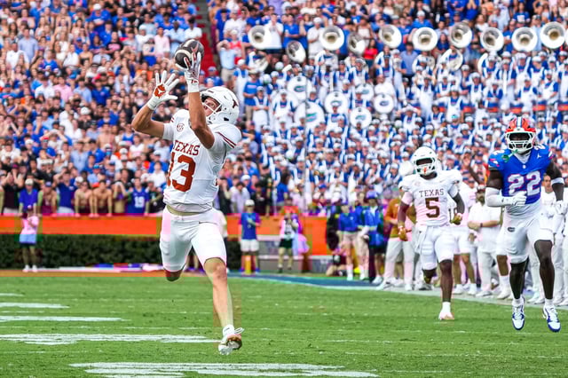 Texas Longhorns receiver Parker Livingstone (13) makes a catch during the game against Florida at Ben Hill Griffin Stadium on Saturday, Oct. 4, 2025 in Gainesville, Florida.