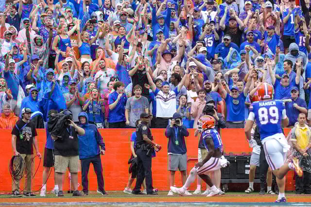 Florida fans celebrate a rushing touchdown by running back Jadan Baugh (13) during the game against Texas at Ben Hill Griffin Stadium on Saturday, Oct. 4, 2025 in Gainesville, Florida.