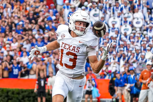 Texas Longhorns receiver Parker Livingstone (13) makes a catch during the game against Florida at Ben Hill Griffin Stadium on Saturday, Oct. 4, 2025 in Gainesville, Florida.