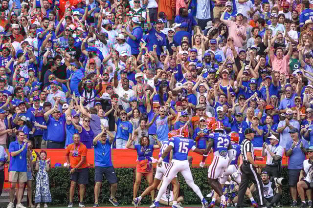 Florida fans celebrate a blocked punt for a safety during the game against Texas at Ben Hill Griffin Stadium on Saturday, Oct. 4, 2025 in Gainesville, Florida.