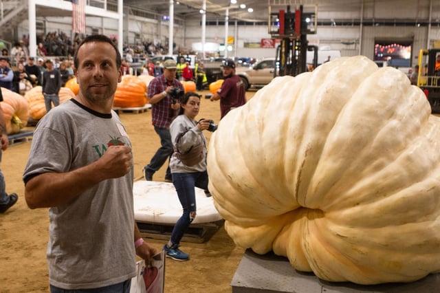 Alex Noel of Abington, CT, watches as his pumpkin is lowered onto the scale during the Giant Pumpkin Weigh-In at the Topsfield Fair. The entry later broke the fair record at 2,507 pounds. (Libby O'Neill/Boston Herald)