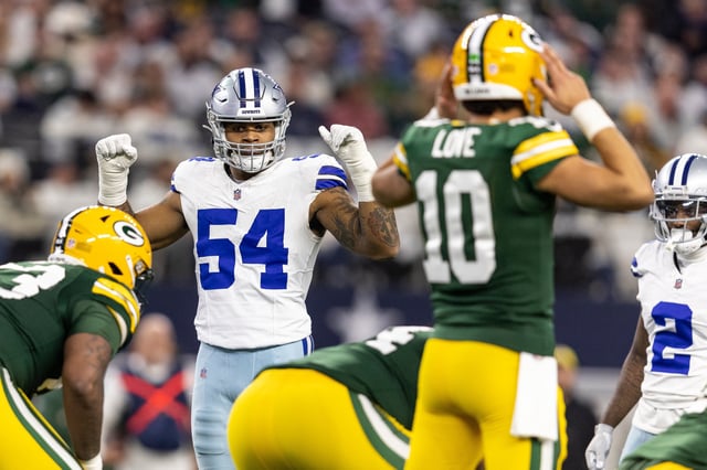 Sam Williams #54 of the Dallas Cowboys reacts during an NFL wild-card playoff football game between the Dallas Cowboys and the Green Bay Packers at AT&T Stadium on January 14, 2024 in Arlington, Texas.
