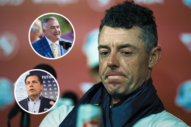 FARMINGDALE, NEW YORK - SEPTEMBER 28: Rory McIlroy of Team Europe speaks to the media after Team Europe's 15-13 win over Team United States during the Sunday singles matches of the 2025 Ryder Cup at Black Course at Bethpage State Park Golf Course on September 28, 2025 in Farmingdale, New York. (Photo by Jared C. Tilton/Getty Images)