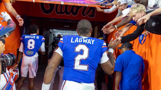 Florida quarterback DJ Lagway (2) greets fans after beating Texas 29-21 after the second half an NCAA football game in Gainesville, FL on Saturday, October 4, 2025. [Alan Youngblood/Gainesville Sun]