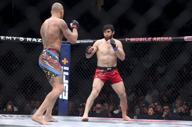 Magomed Ankalaev of Russia (R) fights Alex Pereira of Brazil in a light heavyweight title fight during UFC 313 at T-Mobile Arena on March 08, 2025 in Las Vegas, Nevada.