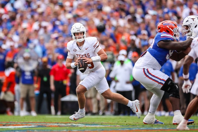 GAINESVILLE, FLORIDA - OCTOBER 04: Arch Manning #16 of the Texas Longhorns looks to pass during the first half of a game against the Florida Gators at Ben Hill Griffin Stadium on October 04, 2025 in Gainesville, Florida. (Photo by James Gilbert/Getty Images)