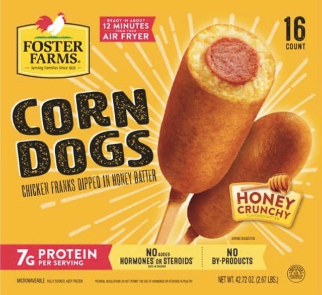 Pictured is a box of recalled Foster Poultry Farms chicken corn dogs.