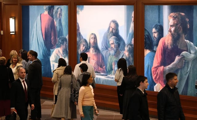 Attendees enter the Saturday evening session of the October 2025 general conference in Salt Lake City on Saturday, Oct. 4, 2025.