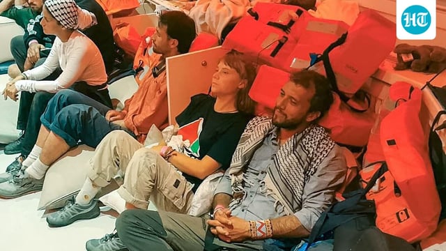 Greta Thunberg and Brazilian activist Thiago Avila, along with other activists, after the Israeli navy intercepted the Global Sumud Flotilla carrying humanitarian aid to Gaza on October 1, 2025.