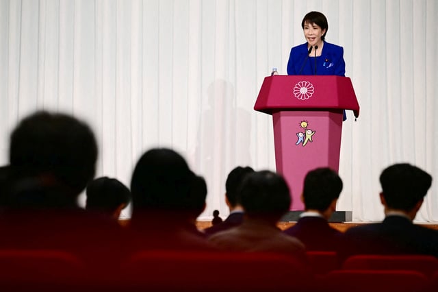 Sanae Takaichi, the newly elected leader of Japan's ruling party, the Liberal Democratic Party (LDP), holds a press conference after the LDP presidential election in Tokyo, Japan, October 4, 2025. Conservative Sanae Takaichi hailed a "new era" on October 4 after winning the leadership of Japan's ruling party, putting her on course to become the country's first woman prime minister.  Yuichi Yamazaki/Pool via REUTERS