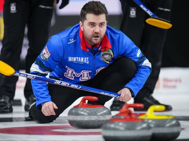Manitoba-Dunstone skip Matt Dunstone calls out to the sweepers while playing Alberta-Jacobs during the final at the Brier, in Kelowna, B.C., on Sunday, March 9, 2025.