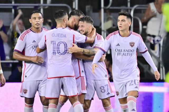 ORLANDO, FLORIDA - OCTOBER 04: Marco Pašalić #87 of the Orlando City celebrates with teammates after scoring in the first half against the Columbus Crew at Inter&Co Stadium on October 04, 2025 in Orlando, Florida. (Photo by Julio Aguilar/Getty Images)
