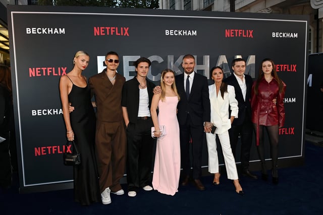 LONDON, ENGLAND - OCTOBER 03: Mia Regan, Romeo Beckham, Cruz Beckham, Harper Beckham, David Beckham, Victoria Beckham, Brooklyn Beckham and Nicola Peltz attend the "Beckham" Premiere at The Curzon Mayfair on October 03, 2023 in London, England. (Photo by Kate Green/Getty Images)