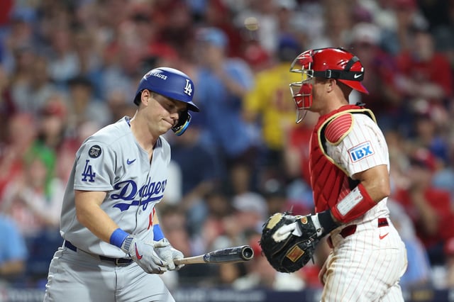 PHILADELPHIA, PENNSYLVANIA - OCTOBER 04: Will Smith #16 of the Los Angeles Dodgers reacts after striking out in the fifth inning against the Philadelphia Phillies in game one of the Division Series at Citizens Bank Park on October 04, 2025 in Philadelphia, Pennsylvania. (Photo by Emilee Chinn/Getty Images)