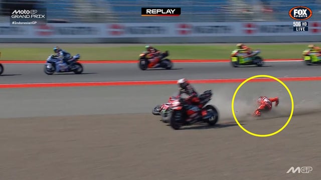Marc Marquez crashed after being hit by Marco Bezzecchi in the Grand Prix of Indonesia.