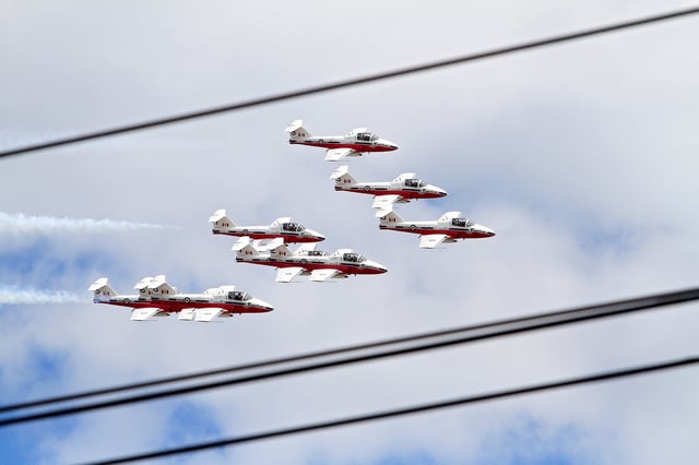 The Canadian Forces Snowbirds aerobatic team performs at the Canadian International Air Show during the 2025 Canadian National Exhibition in Toronto on Aug. 30, 2025.