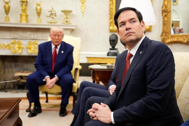 Secretary of State Marco Rubio attends a meeting between President Donald Trump and Prime Minister Benjamin Netanyahu of Israel in the Oval Office of the White House in Washington, D.C., on Monday, April 7, 2025. (Yuri Gripas/Abaca Press/TNS)